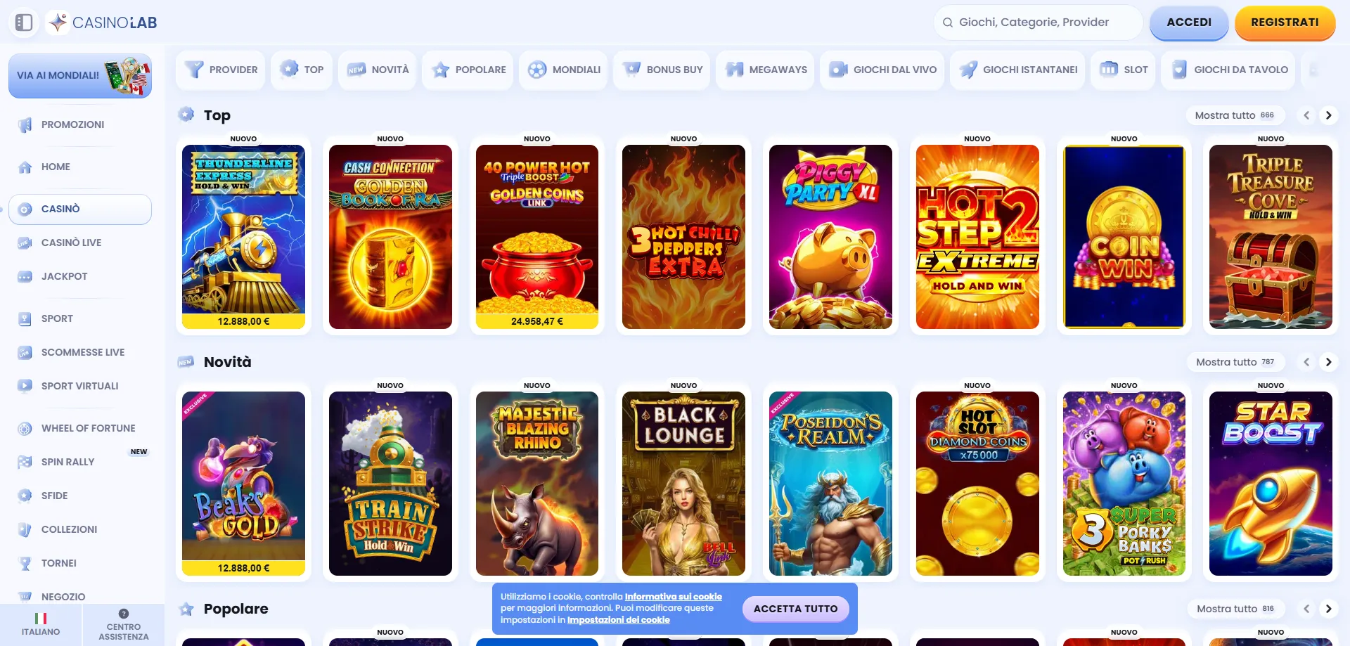 Selezione di slot e giochi esclusivi su Casinolab Casino Italia