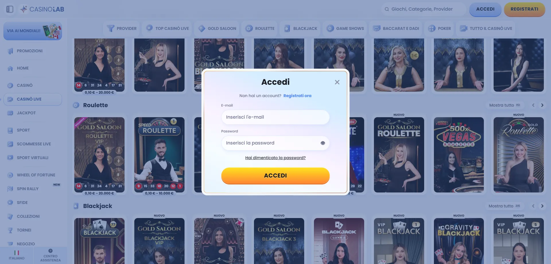 Interfaccia di login e navigazione di Casinolab Casino